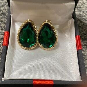 Gold-Frame Emerald Teardrop Stud Earrings - Women Jewelry